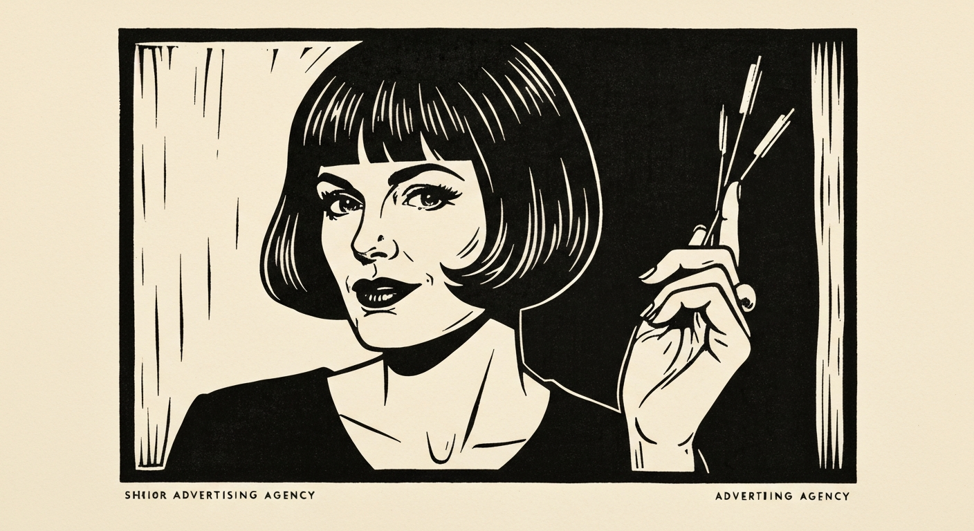 Linocut illustration of advertising agencies in Ocean Springs.