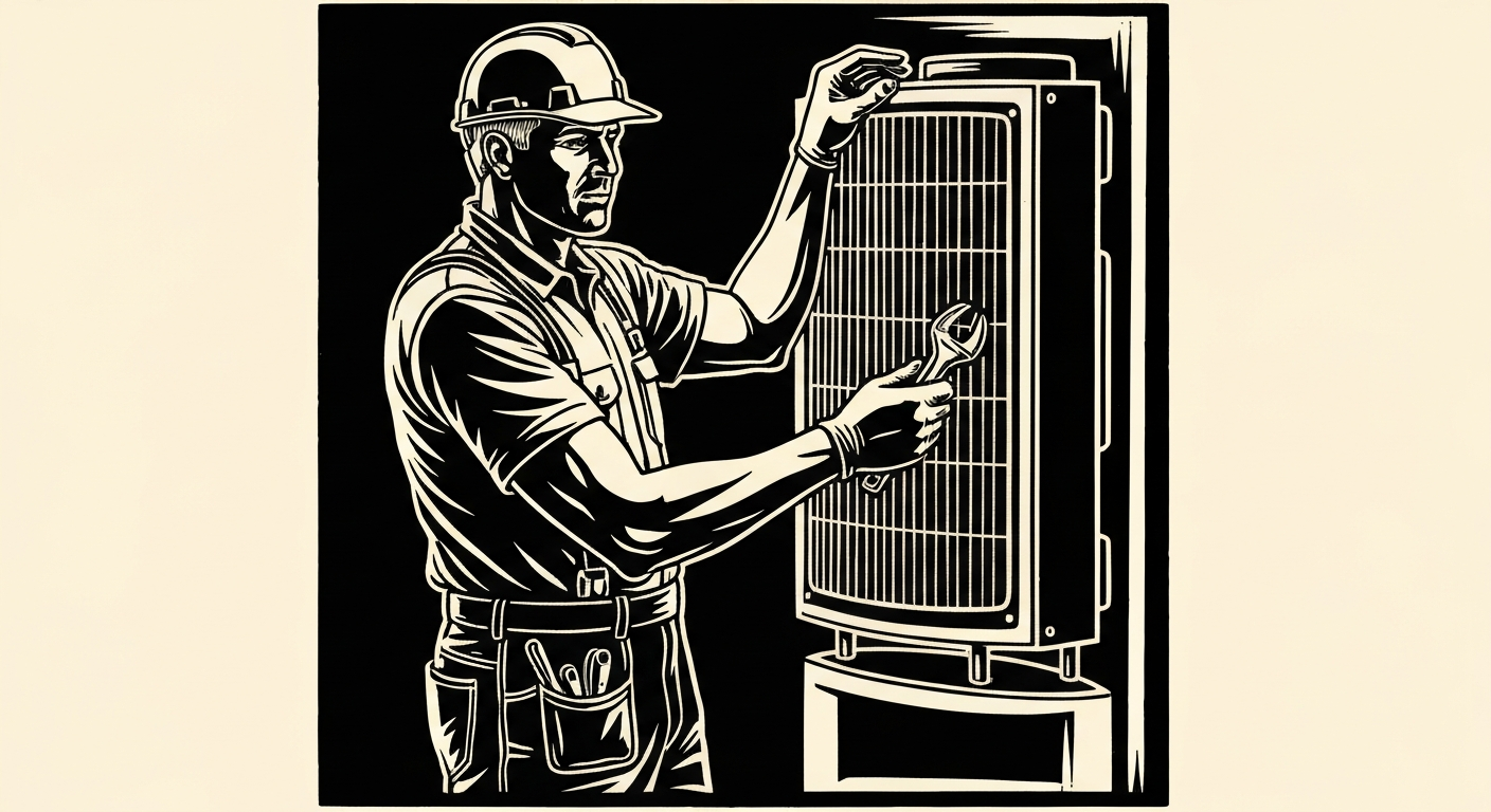 Linocut illustration of air conditioning contractors in Ocean Springs.