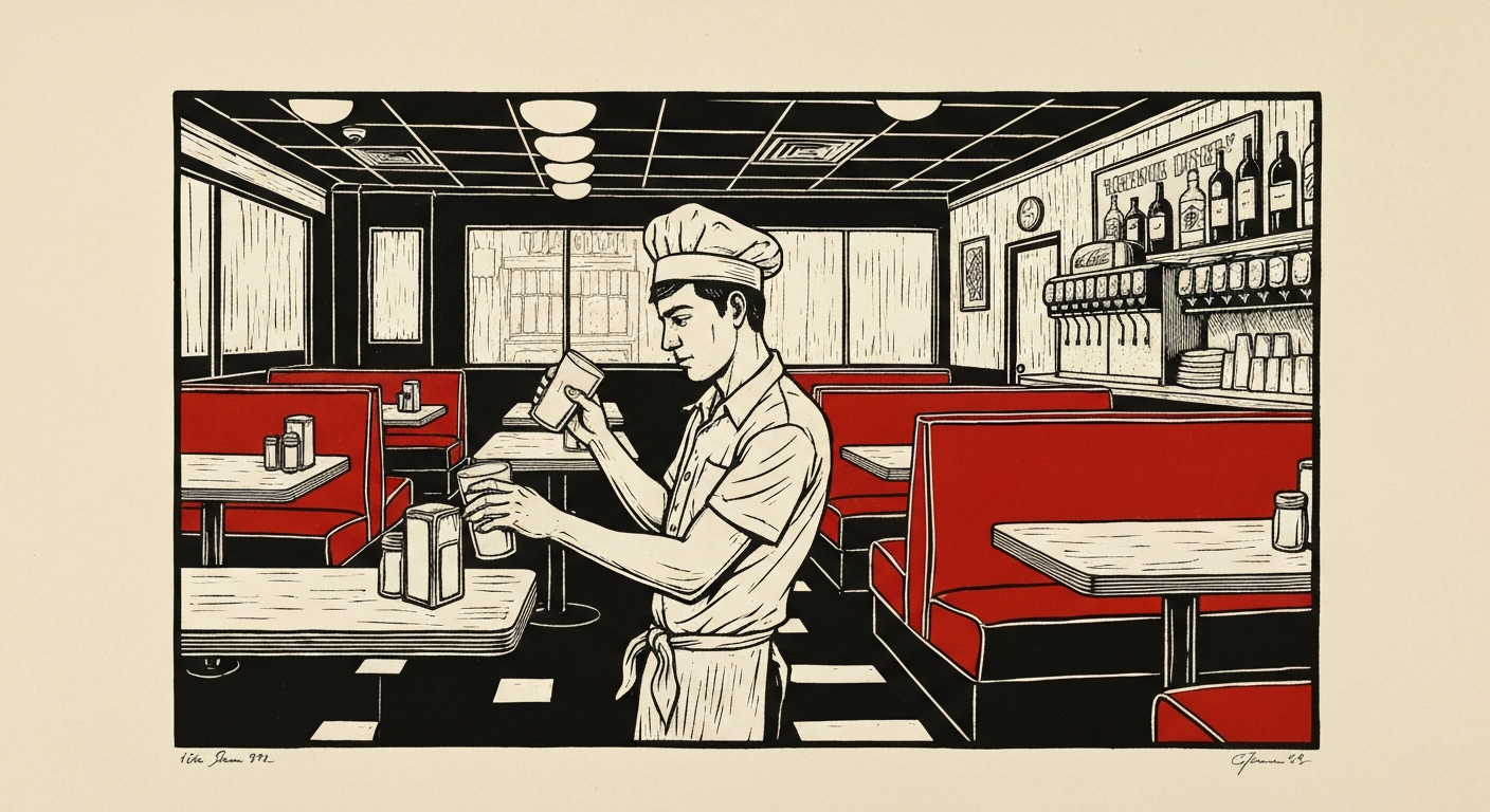 Linocut illustration of american restaurants in Ocean Springs.