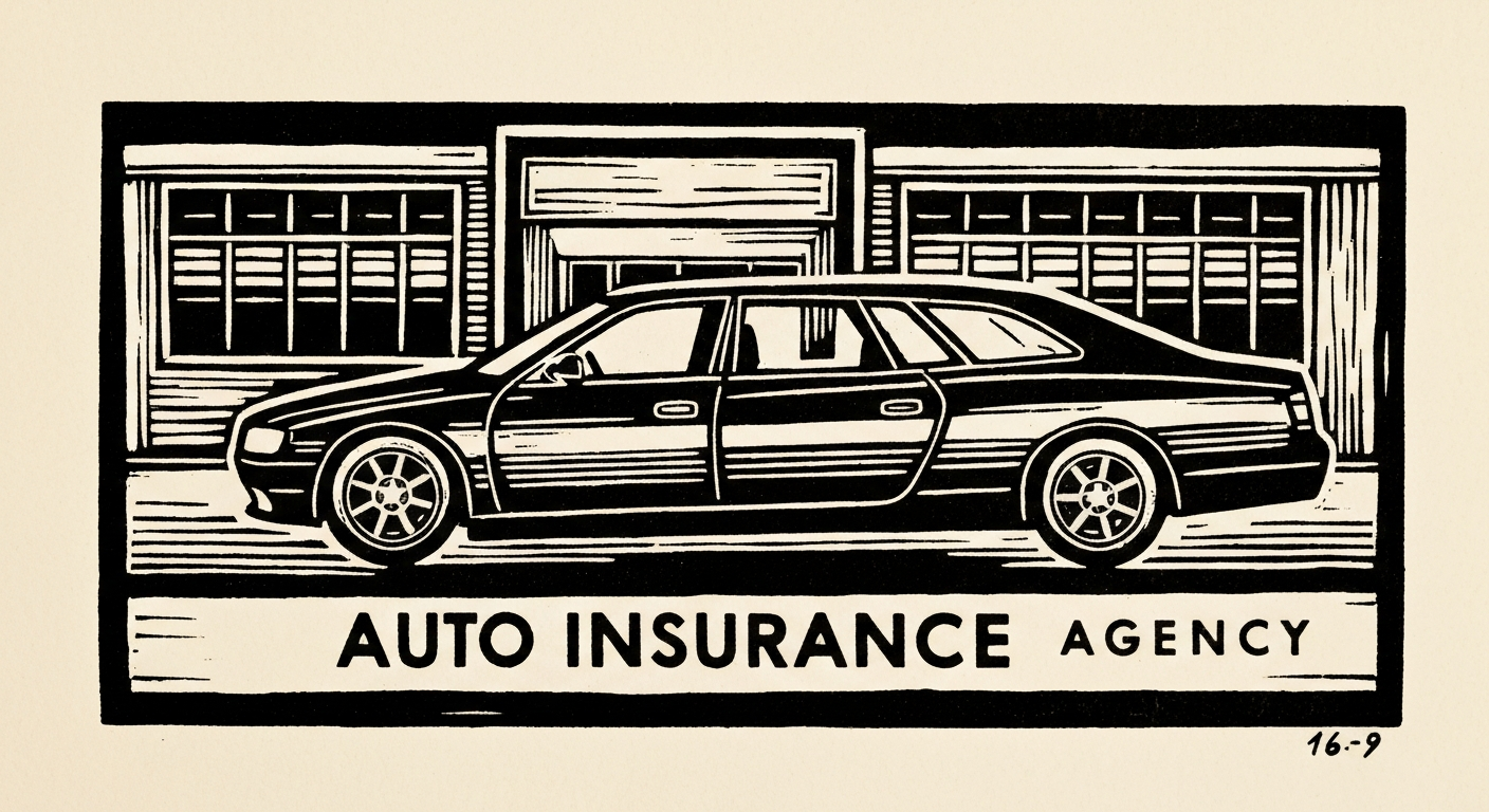 Linocut illustration of auto insurance agencies in Ocean Springs.