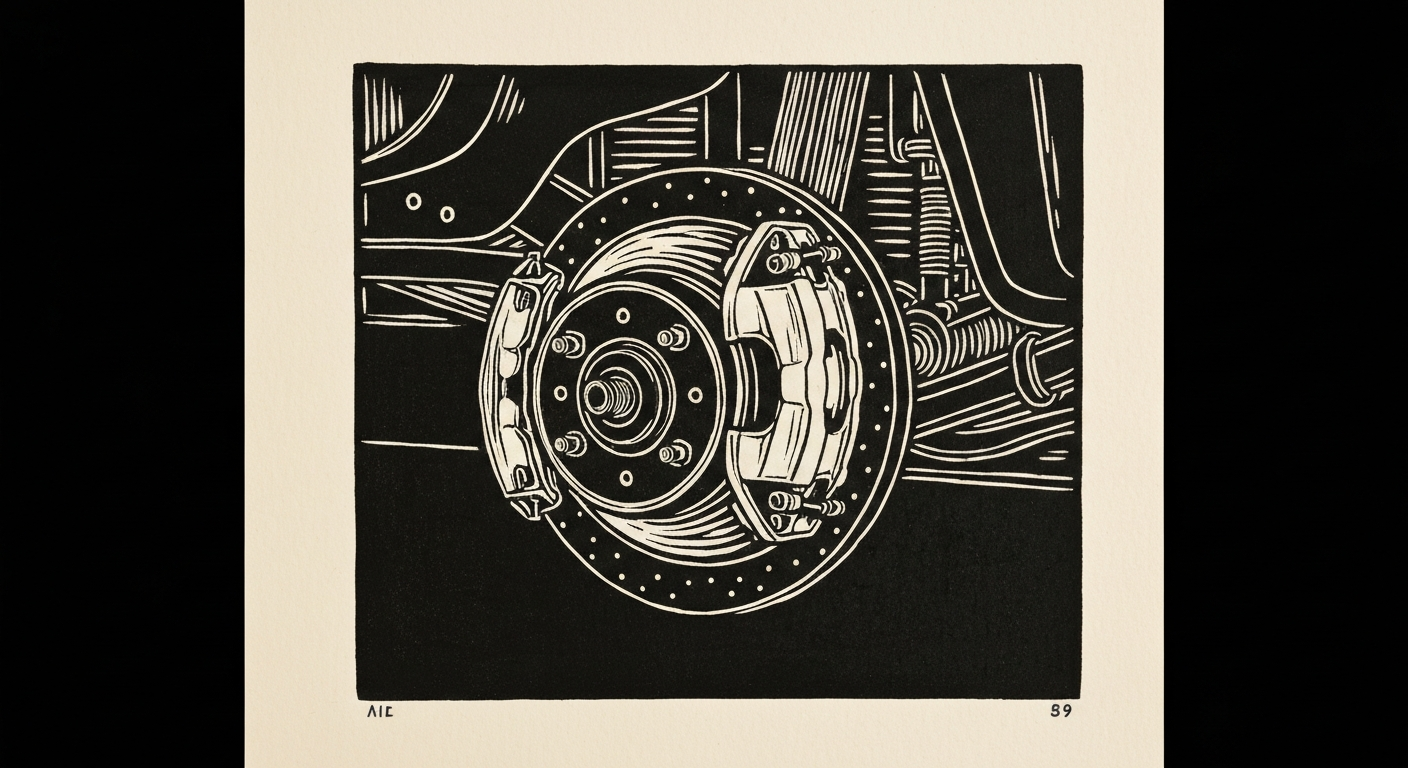 Linocut illustration of brake shops in Ocean Springs.