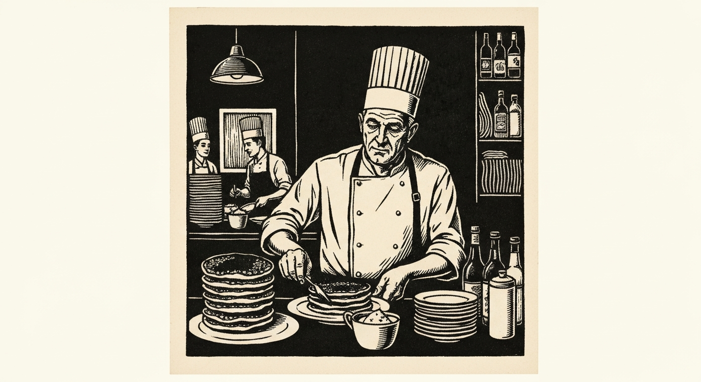 Linocut illustration of breakfast restaurants in Ocean Springs.