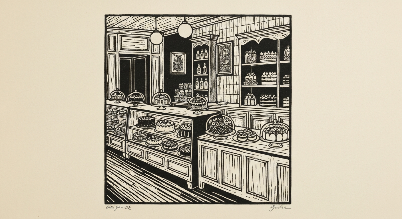Linocut illustration of cake shops in Ocean Springs.