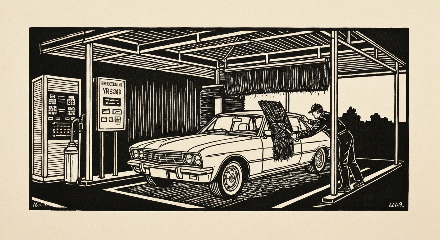 Linocut illustration of car washes in Ocean Springs.