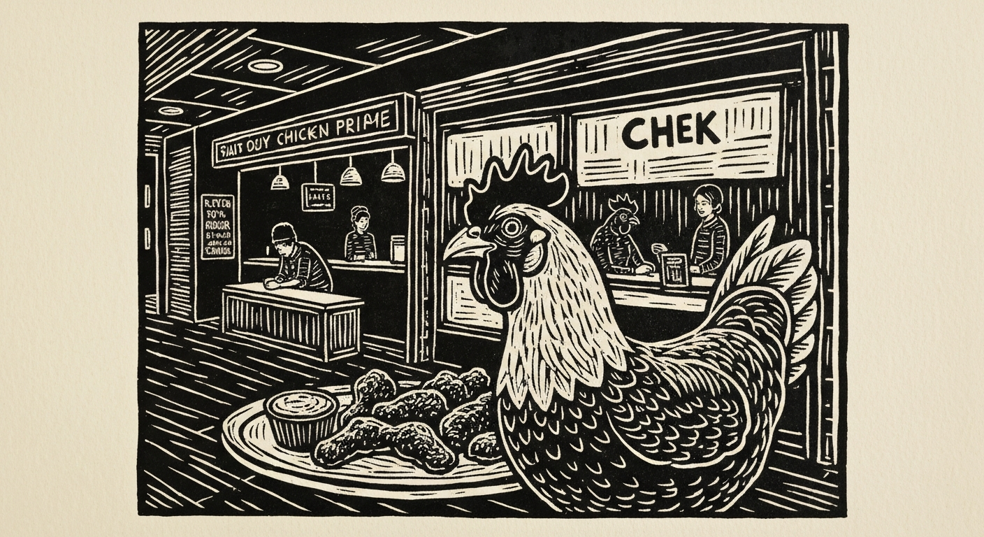 Linocut illustration of chicken restaurants in Ocean Springs.