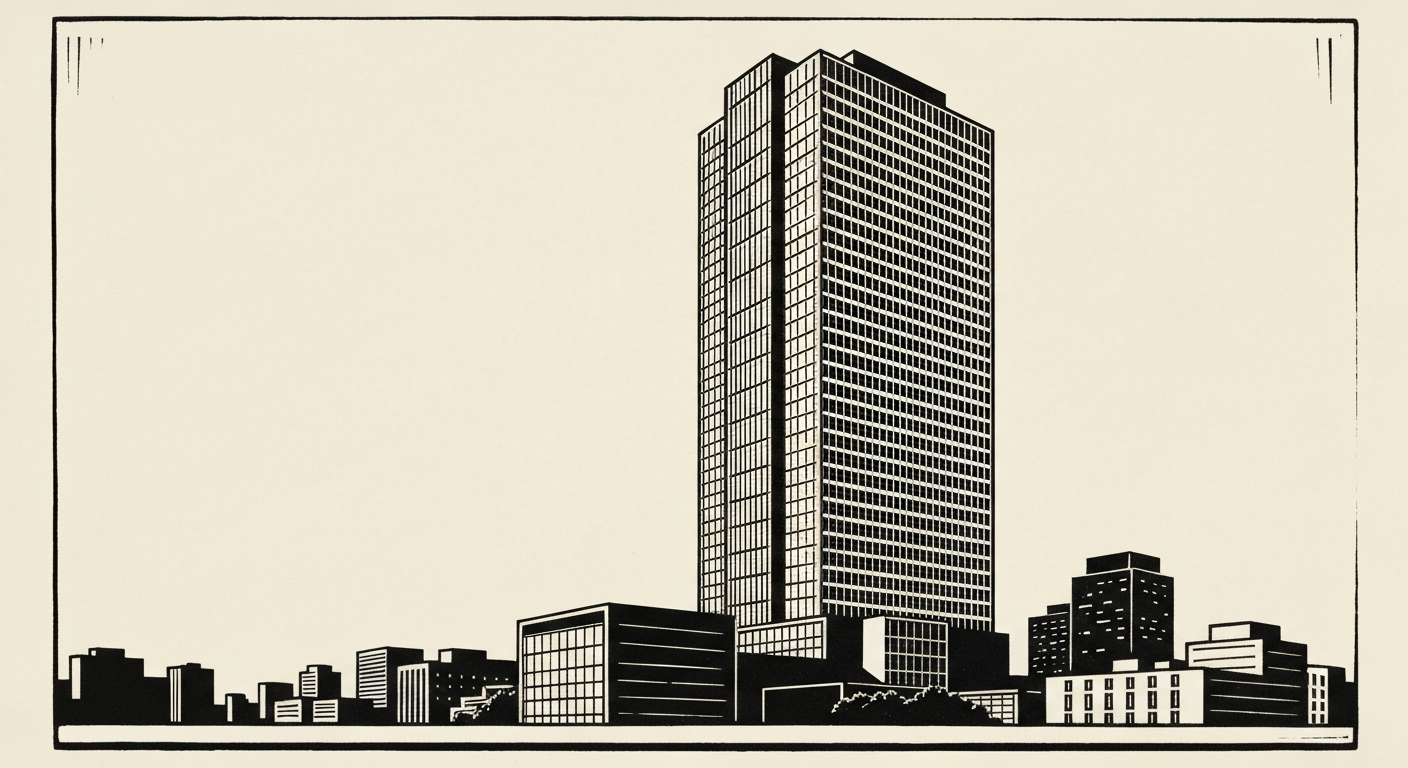 Linocut illustration of commercial real estate agencies in Ocean Springs.
