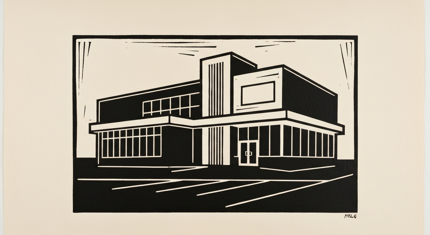 Linocut illustration of credit unions in Ocean Springs.