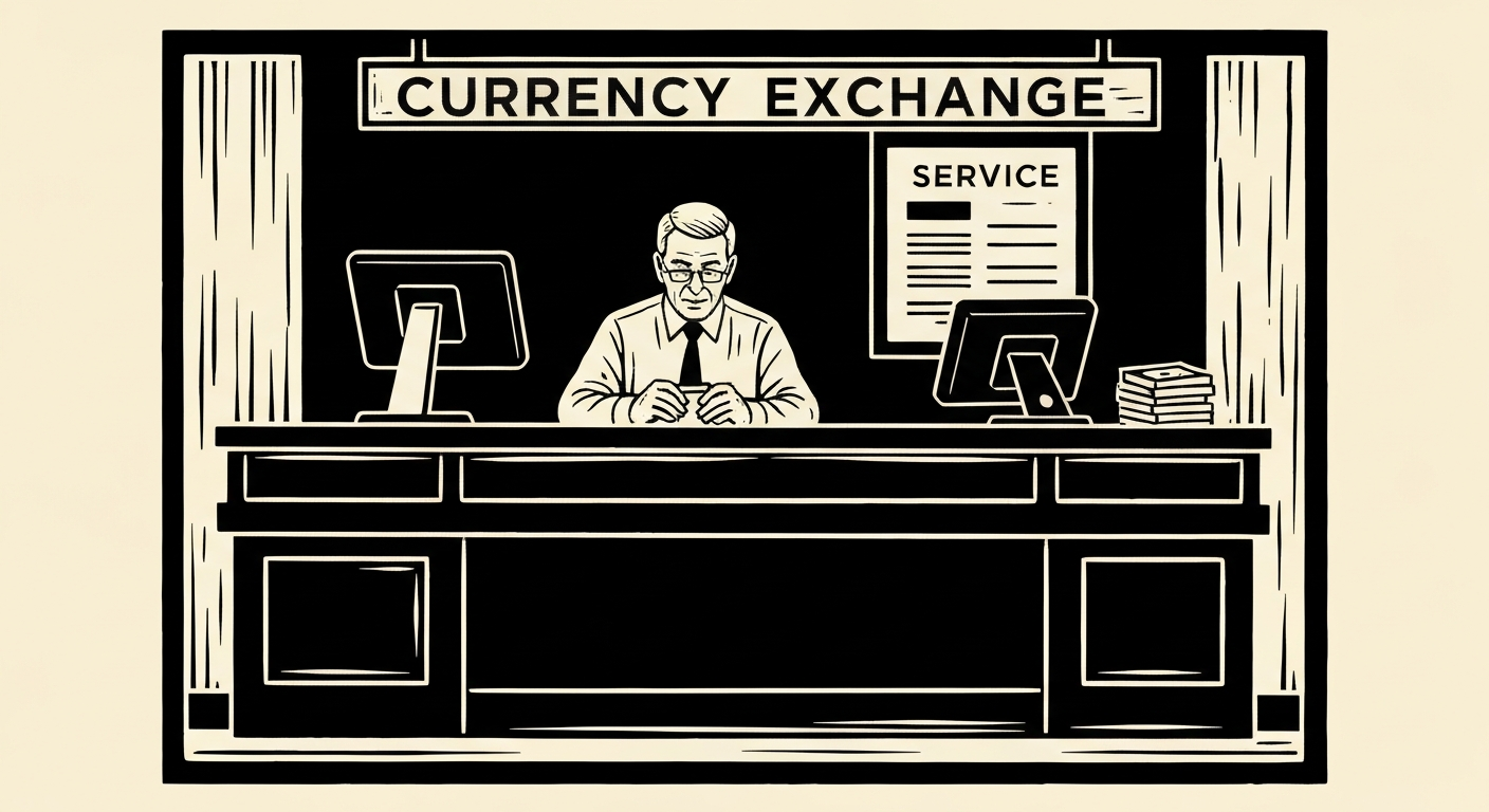 Linocut illustration of currency exchanges in Ocean Springs.