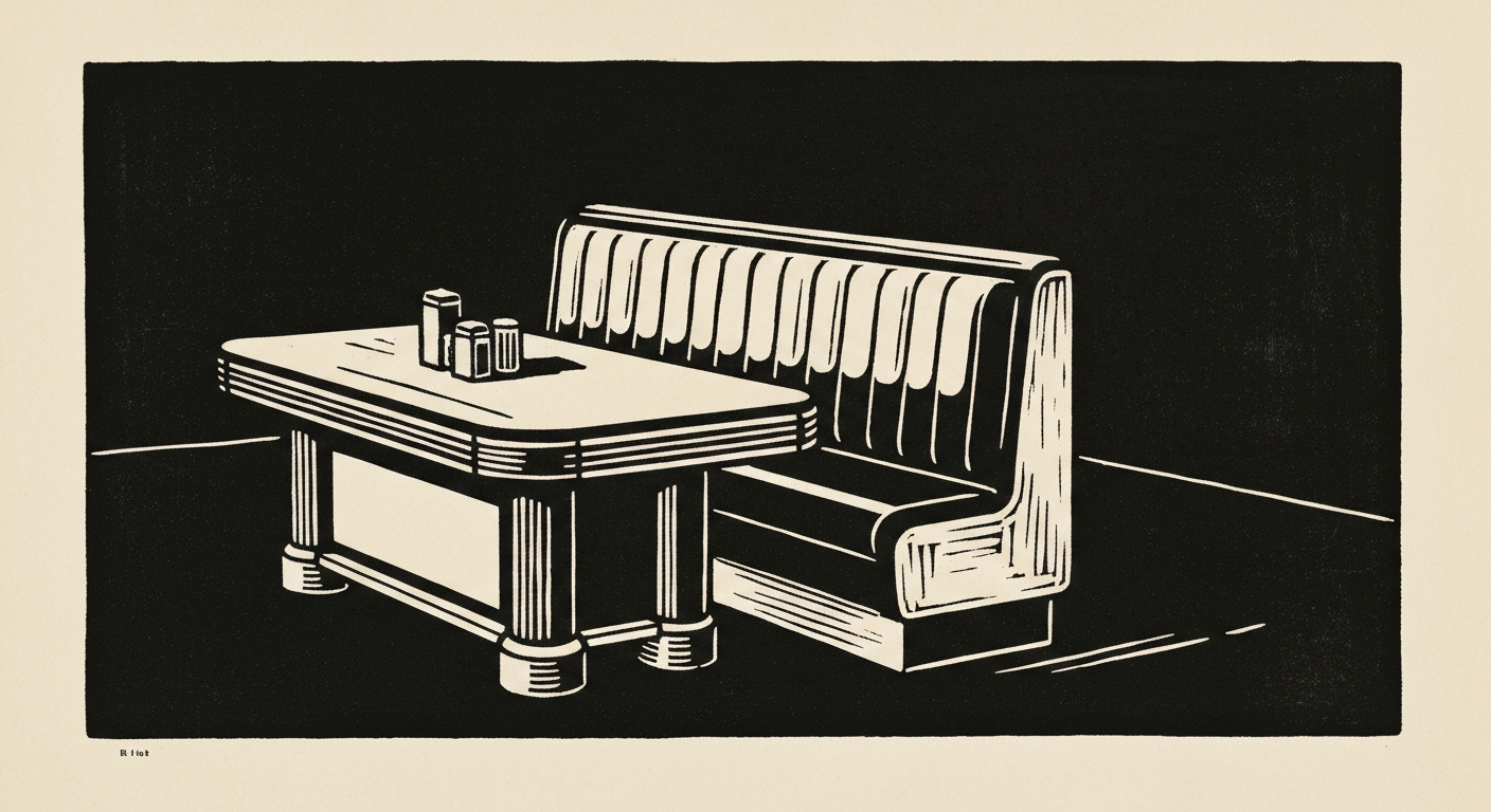 Linocut illustration of diners in Ocean Springs.