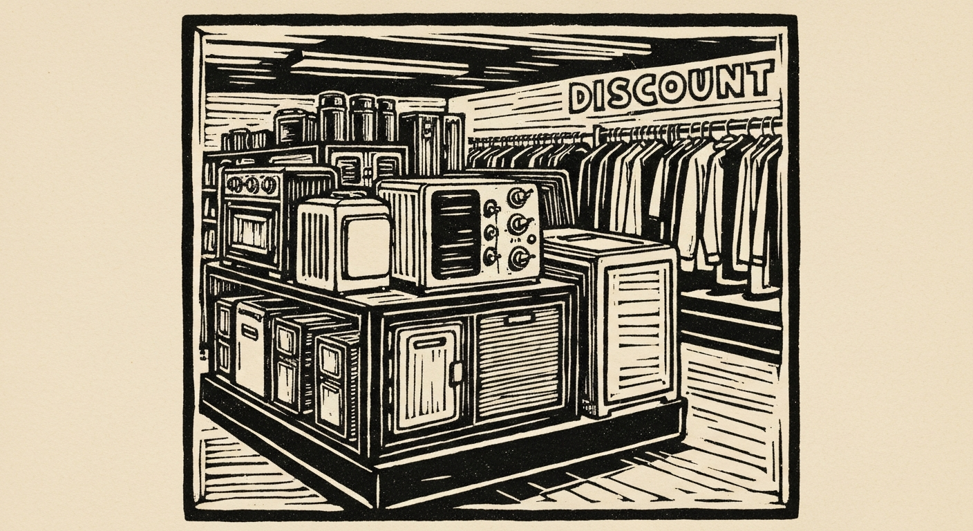 Linocut illustration of discount stores in Ocean Springs.
