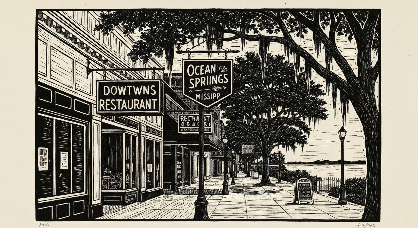 Linocut illustration of downtown restaurants in Ocean Springs.