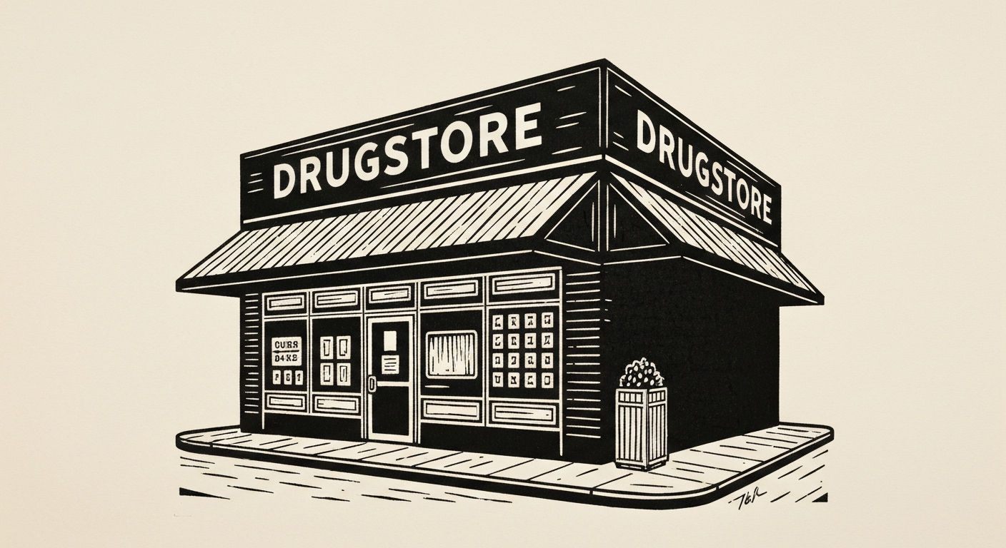 Linocut illustration of drugstores in Ocean Springs.