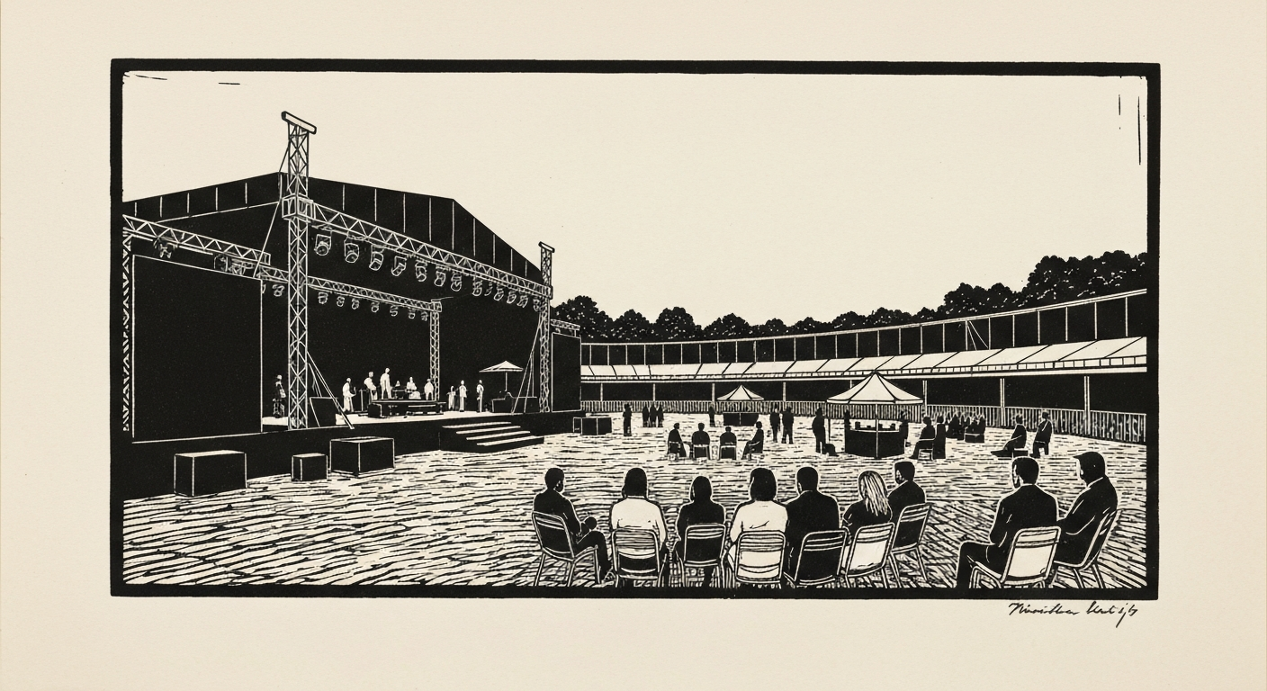 Linocut illustration of event venues in Ocean Springs.