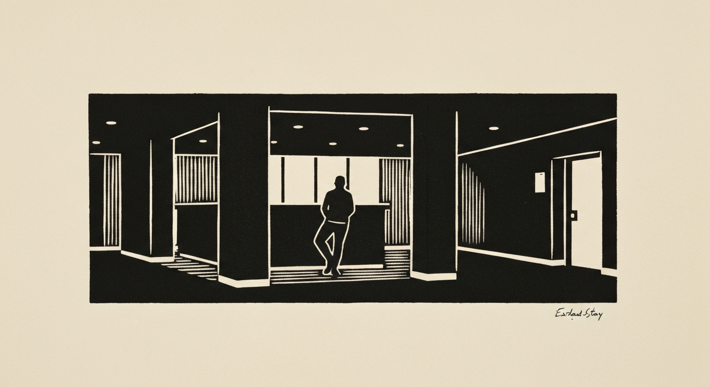 Linocut illustration of extended stay hotels in Ocean Springs.