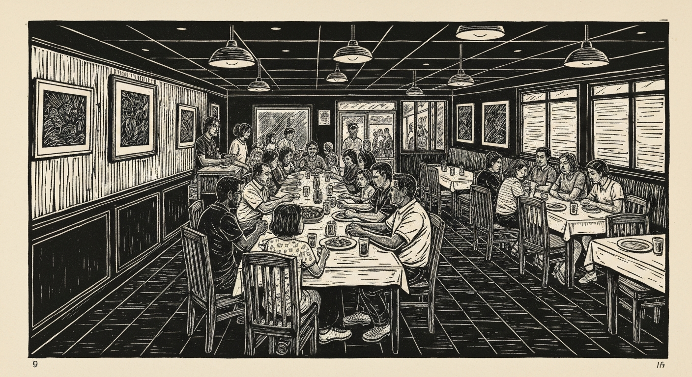 Linocut illustration of family restaurants in Ocean Springs.