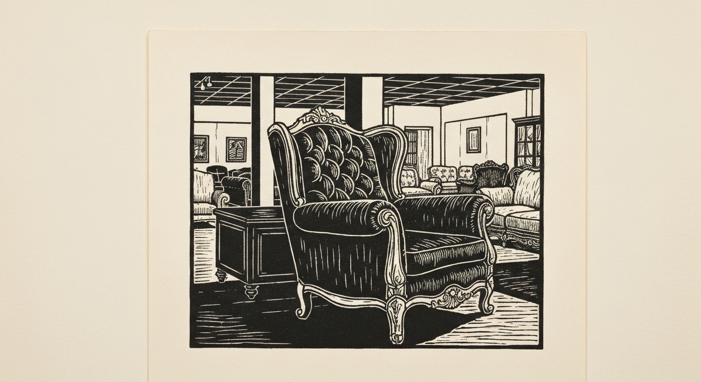 Linocut illustration of furniture stores in Ocean Springs.