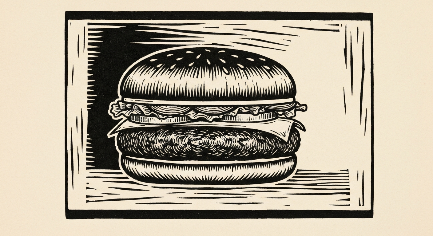 Linocut illustration of hamburger restaurants in Ocean Springs.