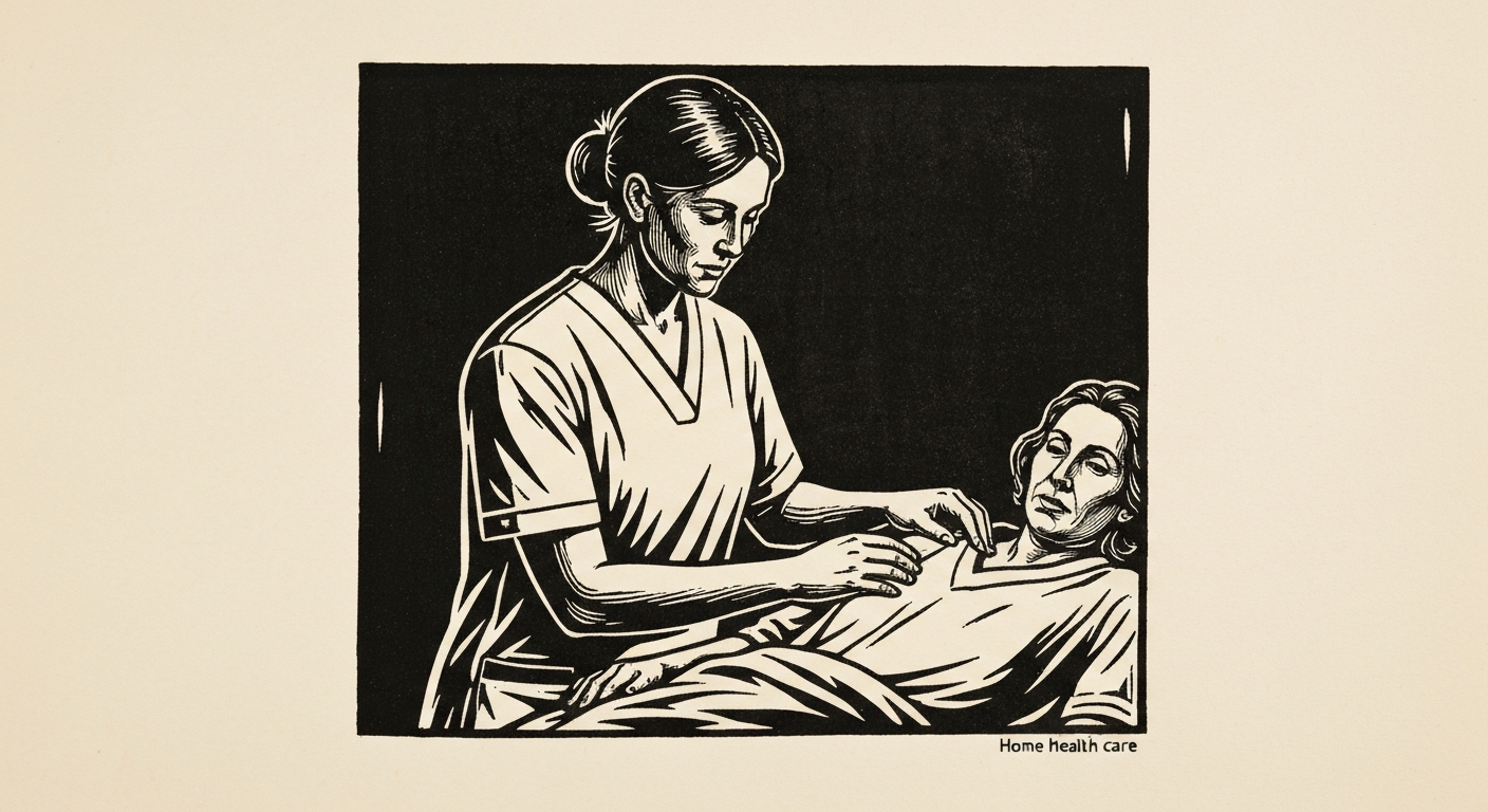 Linocut illustration of home health care services in Ocean Springs.