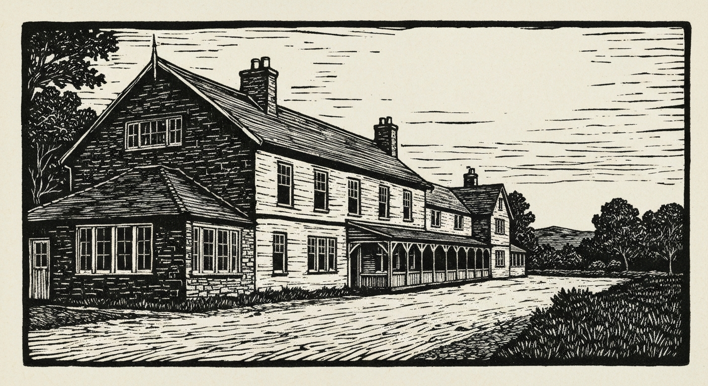 Linocut illustration of inns in Ocean Springs.