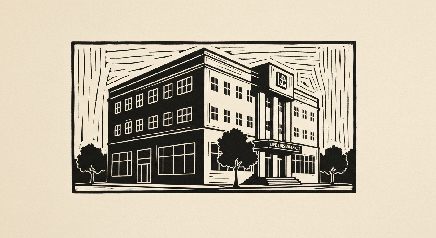Linocut illustration of life insurance agencies in Ocean Springs.