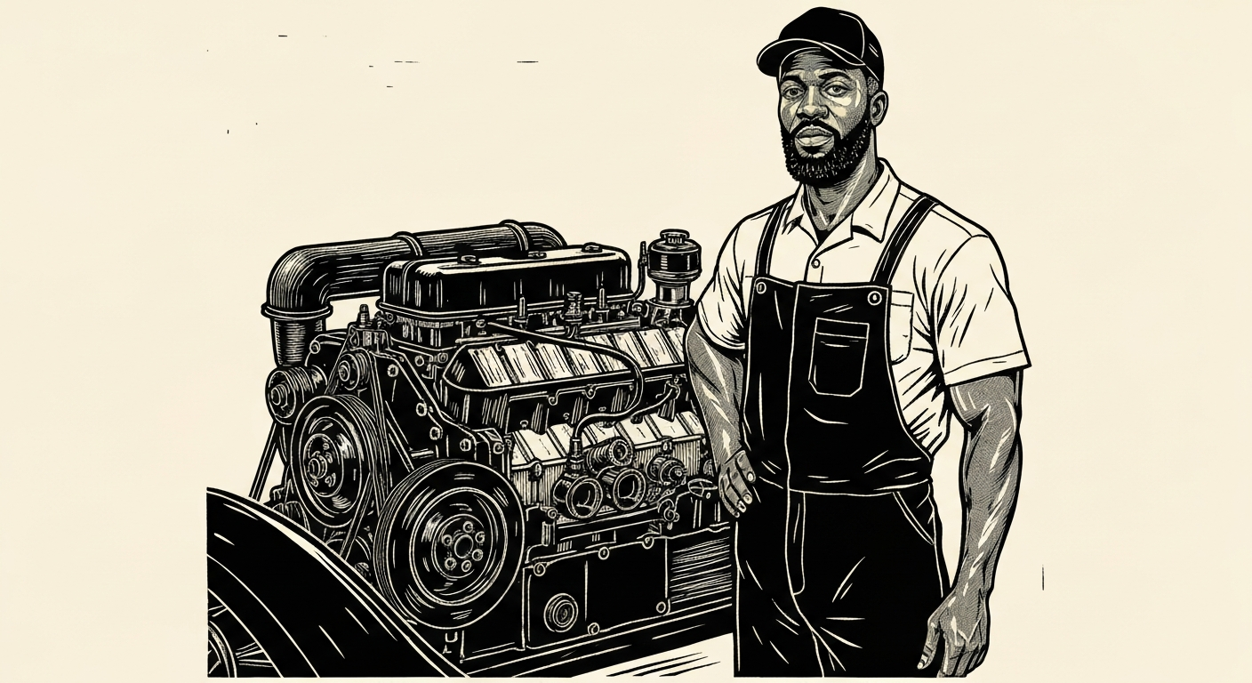 Linocut illustration of mechanics in Ocean Springs.
