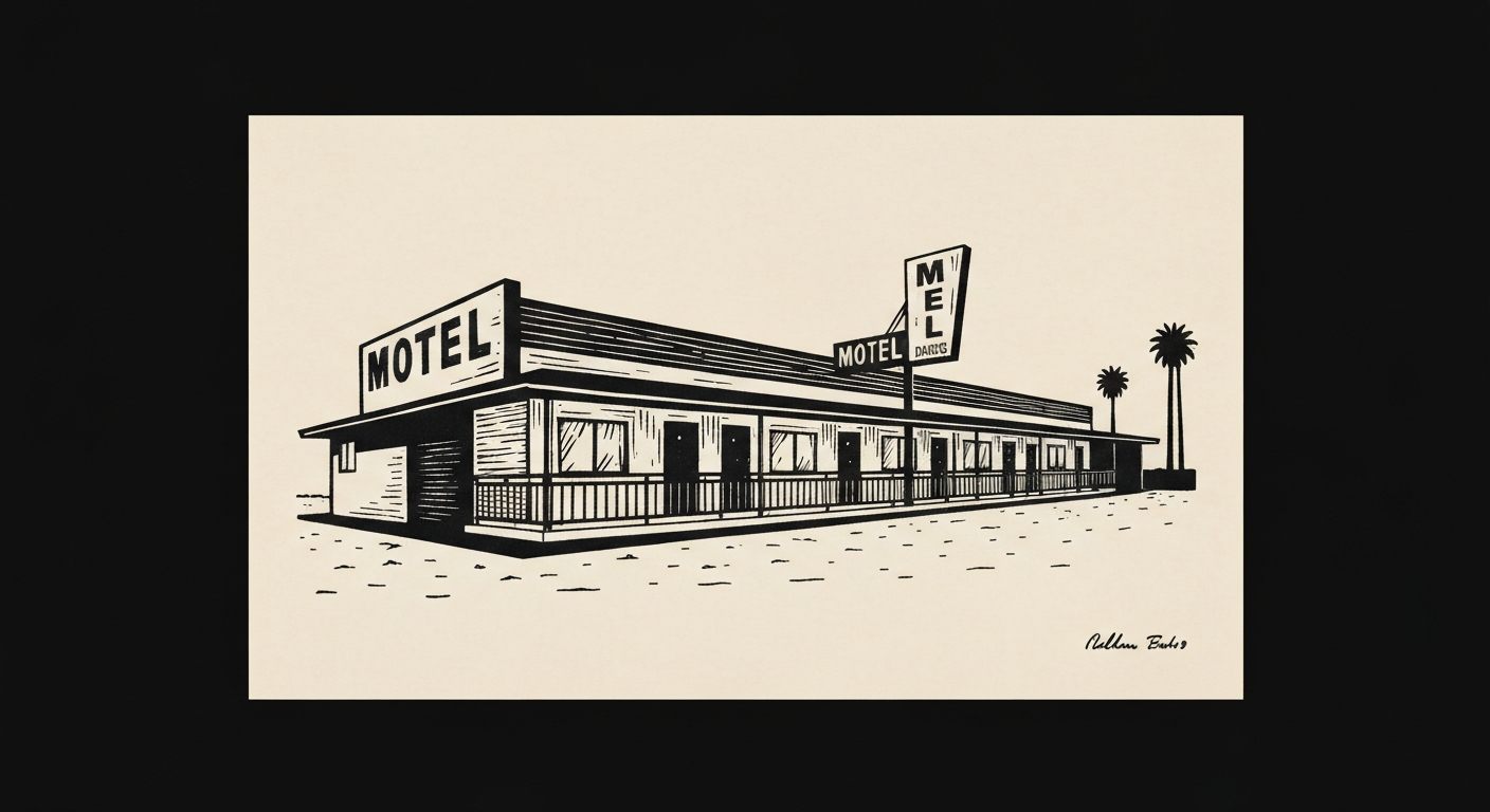 Linocut illustration of motels in Ocean Springs.