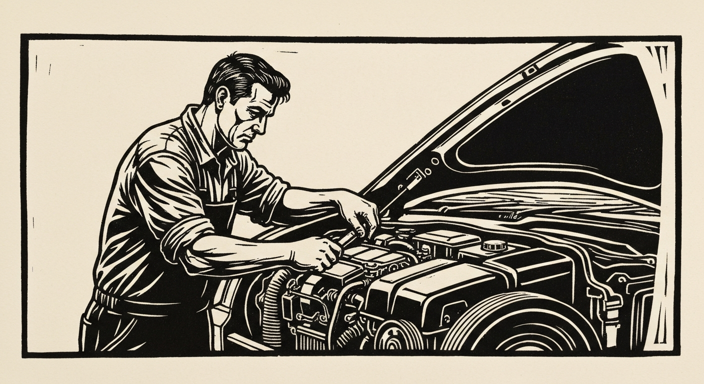 Linocut illustration of oil change services in Ocean Springs.