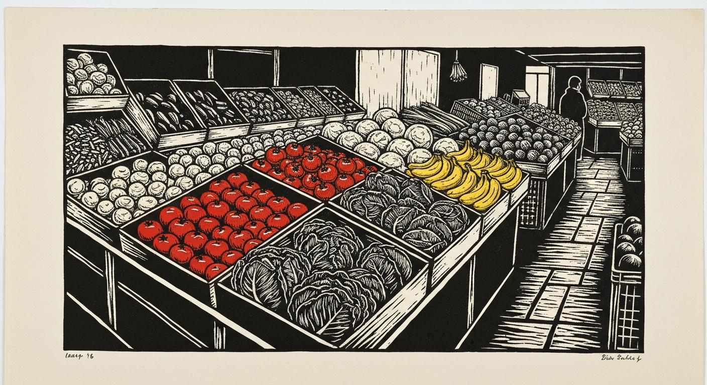 Linocut illustration of produce markets in Ocean Springs.