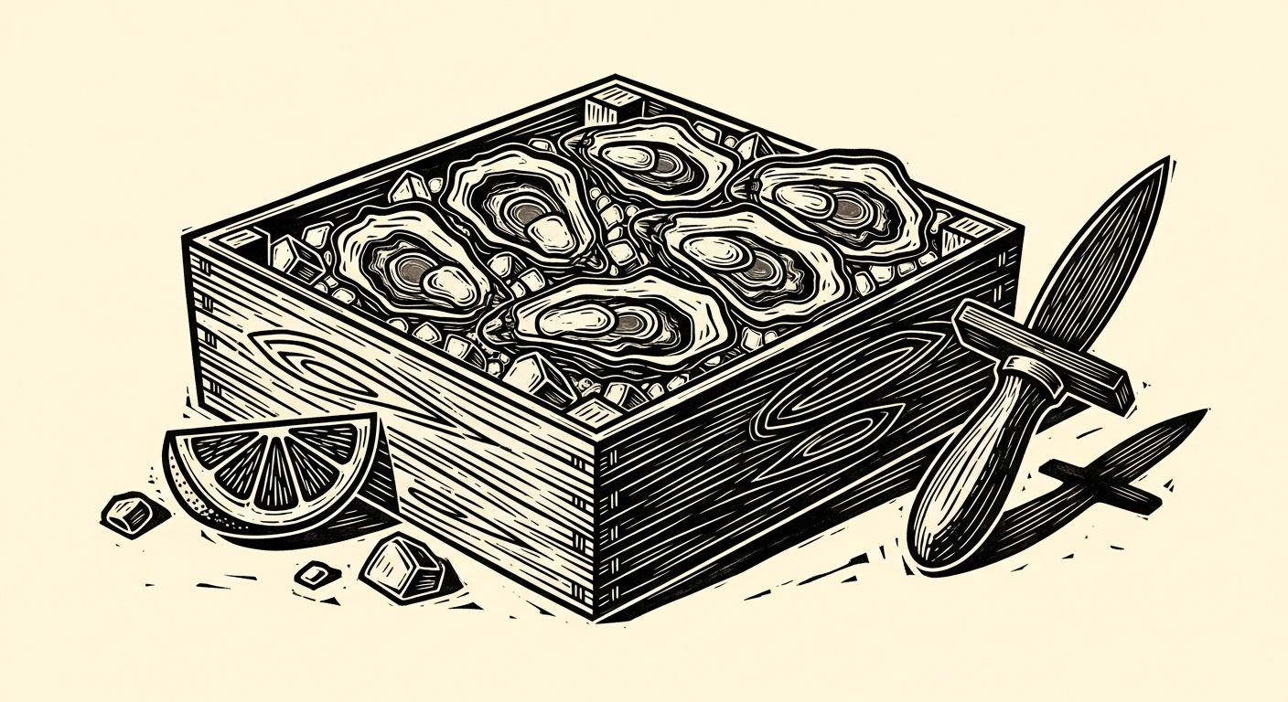 Linocut illustration of Gulf shrimp on ice with a lemon.