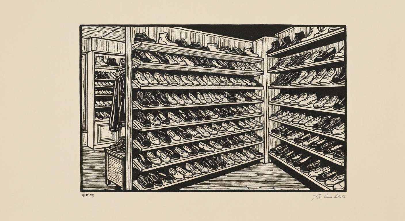 Linocut illustration of shoe stores in Ocean Springs.