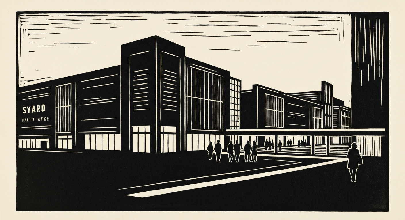 Linocut illustration of shopping malls in Ocean Springs.