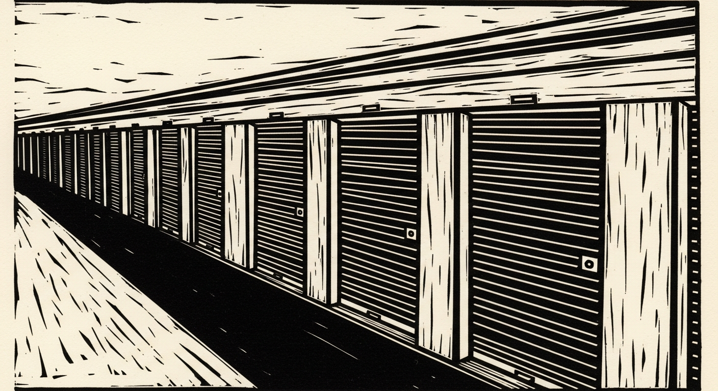 Linocut illustration of a roll-up storage unit door and padlock.