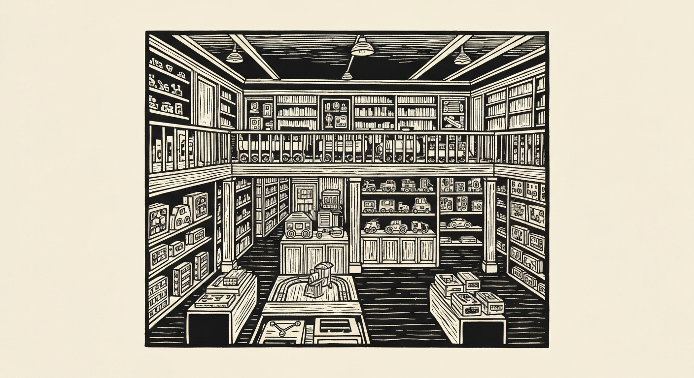 Linocut illustration of toy stores in Ocean Springs.