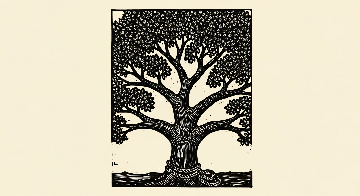 Linocut illustration of a chainsaw and a felled oak log.