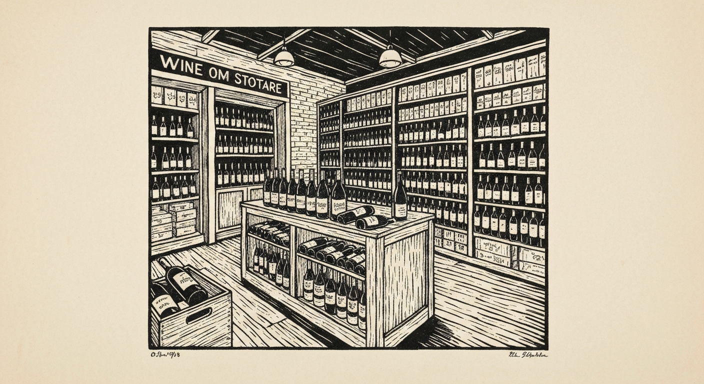 Linocut illustration of wine stores in Ocean Springs.