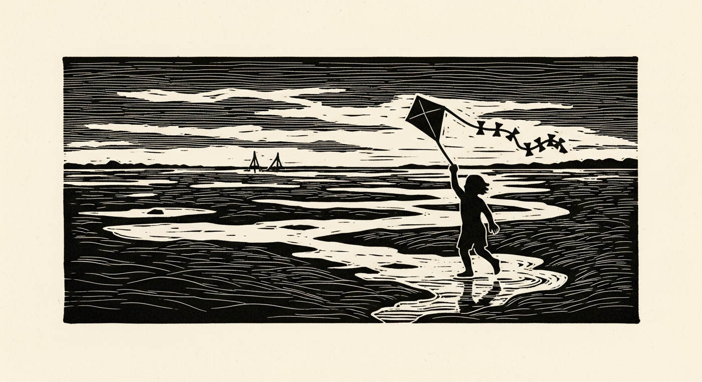 Linocut of a child on a beach with a kite.