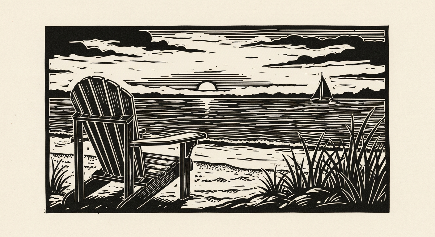 Linocut of an Adirondack chair on the sand.