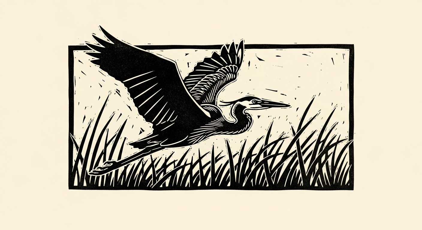 Linocut of a great blue heron in flight.