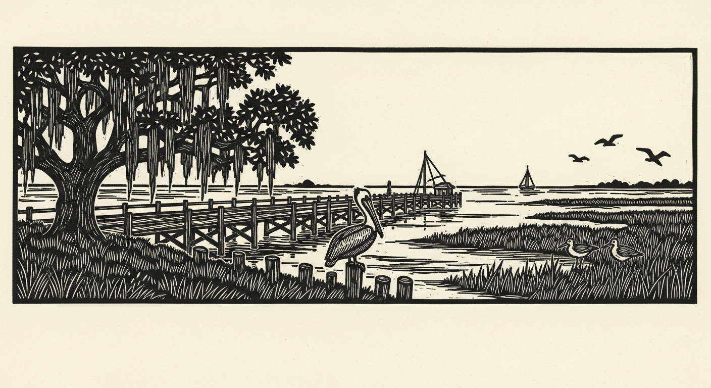 Linocut illustration of Ocean Springs: live oak with Spanish moss, a wooden pier with a pelican on a piling, a sailboat on the horizon, and marsh grass.