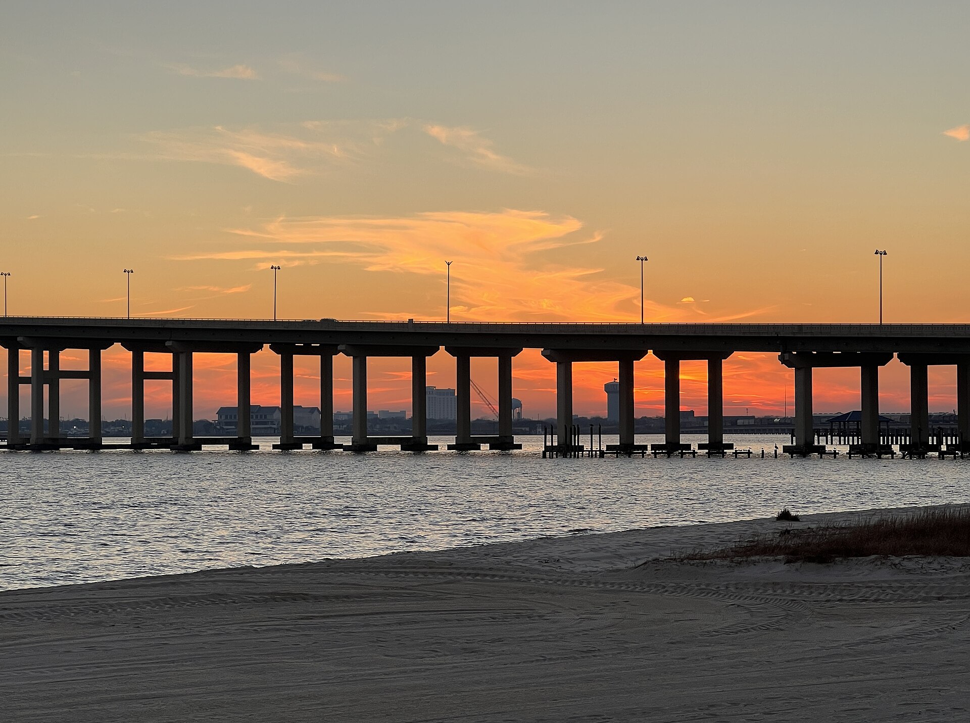 A zoomed in view of the Biloxi Bay Bridge from Front Beach in Ocean Springs, Mississippi