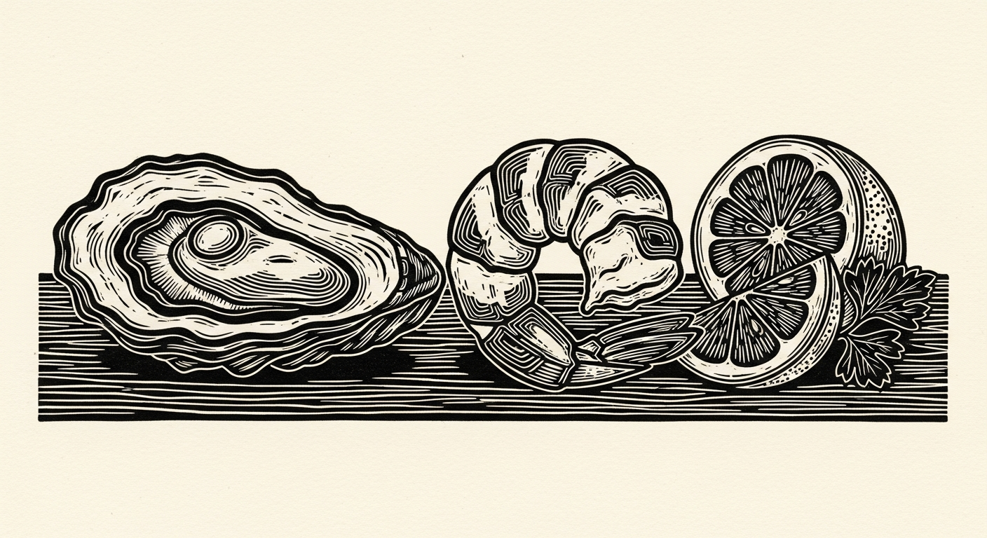 Linocut illustration of oysters and shrimp with a lemon, dining section.