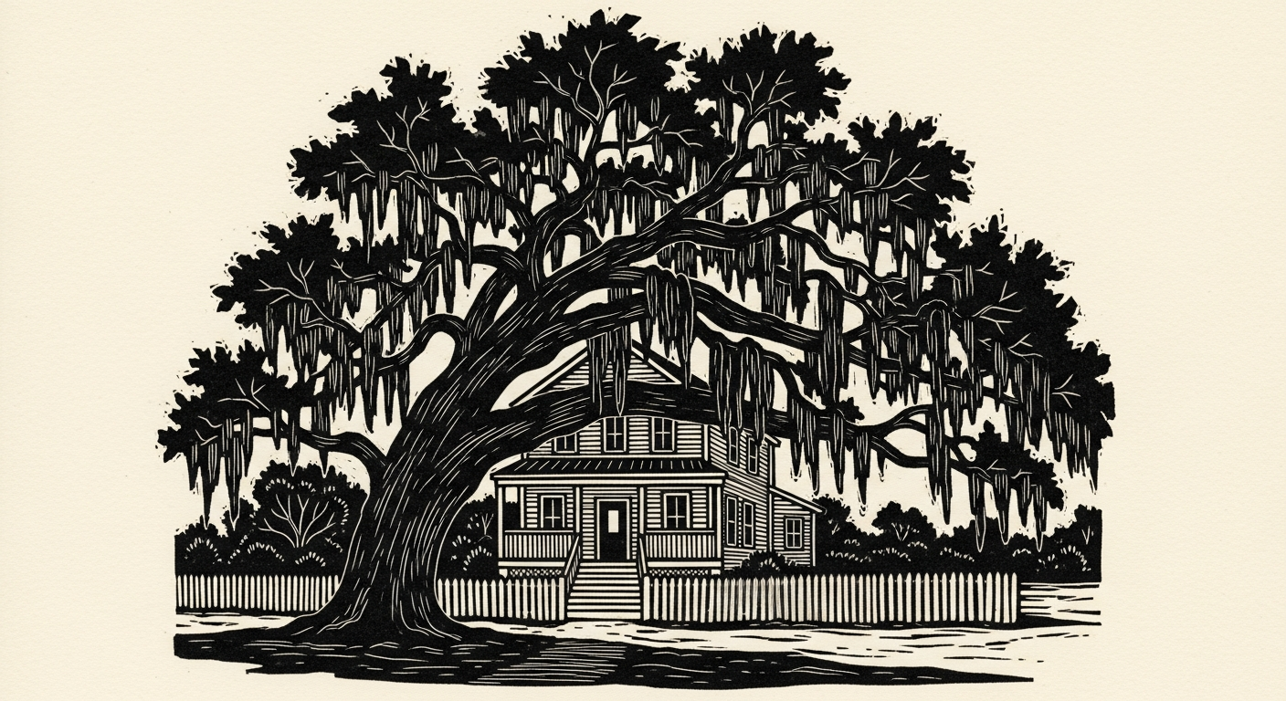 Linocut illustration of a southern live oak arching over a coastal house, local living section.
