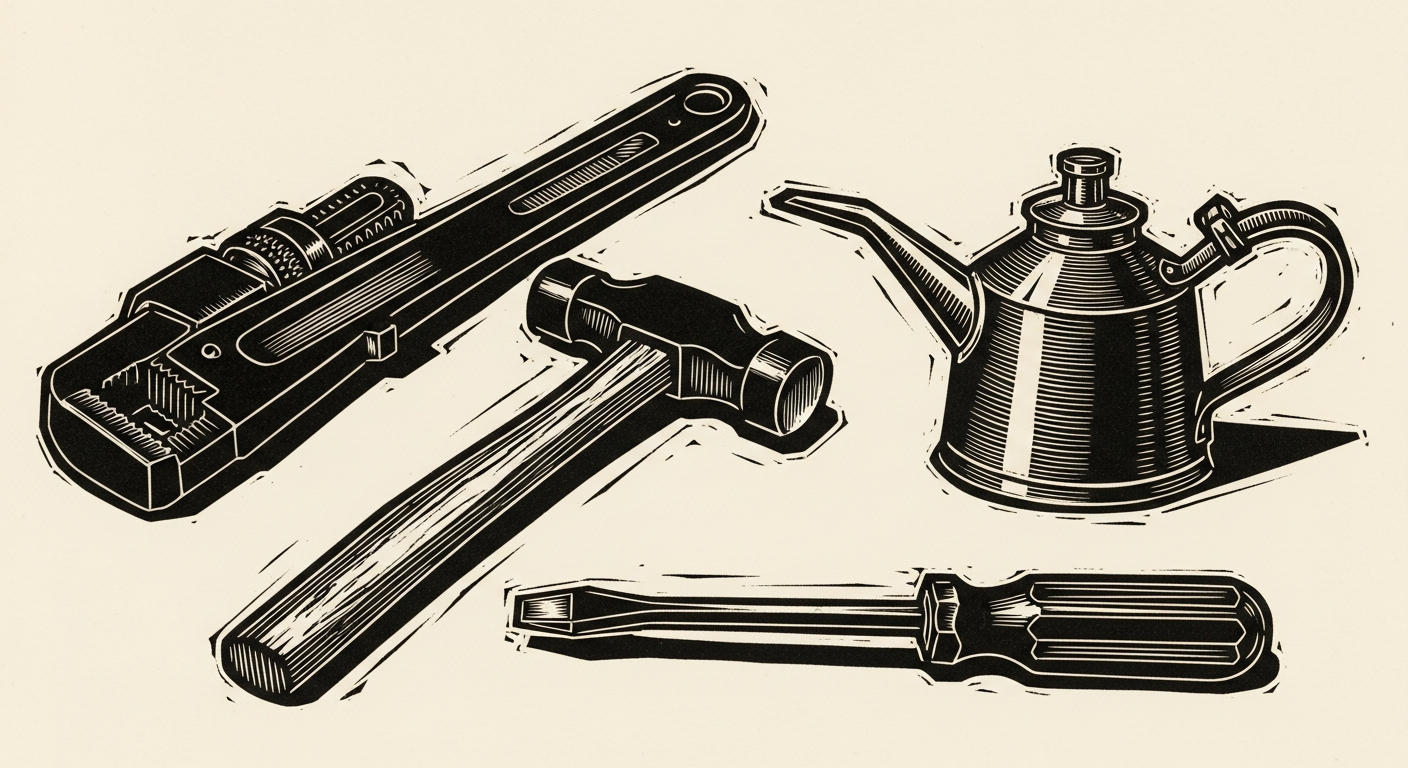 Linocut illustration of vintage hand tools on a workbench, services section.